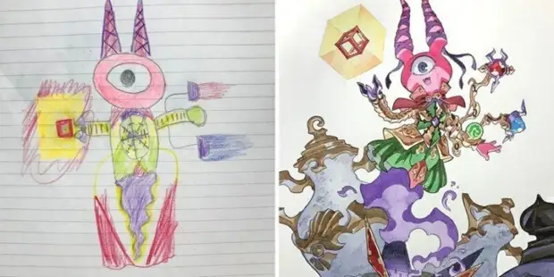 Sanatçı, küçük oğullarının çizimlerini profesyonel resimlerle dönüştürüyor