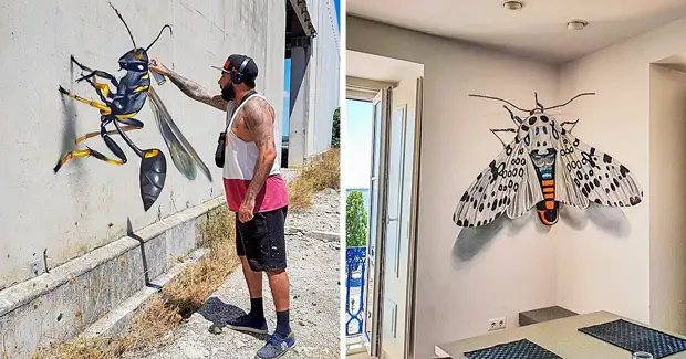 Ko'cha rassomi katta va haqiqiy chizish va real orasidagi chiziqni o'chirib, ommaviy grafitini yaratadi