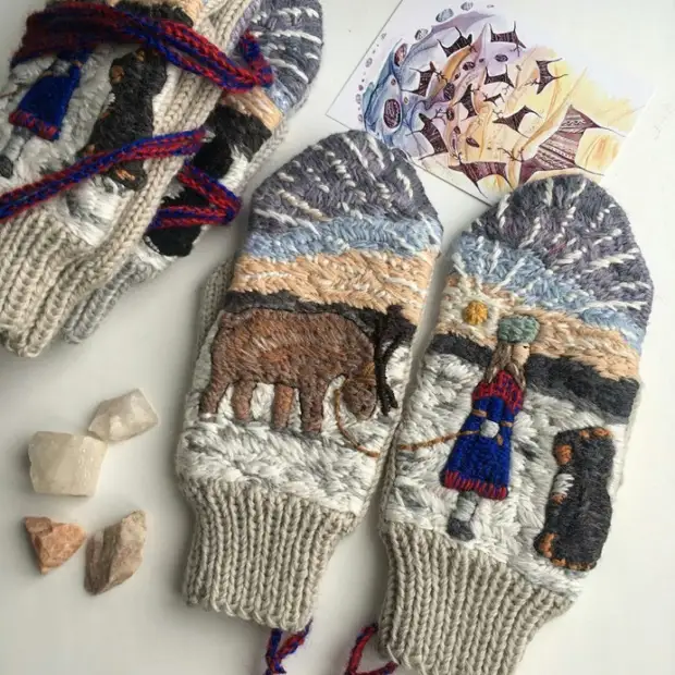 Zoo kawg emboarded wool mittens los ntawm yulia tikhankova