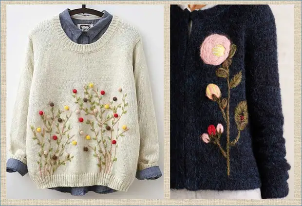 En laat ons jou bloese en truie versier met lente blomme - voorbeelde en metodes van borduurwerk deur gebreide doek