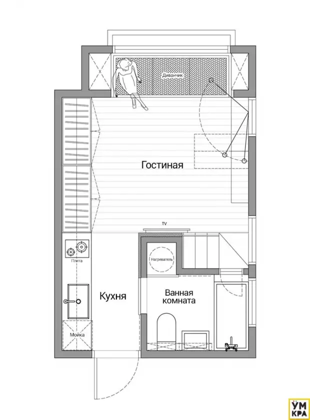 Het is moeilijk om te geloven dat in dit koele appartement slechts 22 m², maar er is alles erin