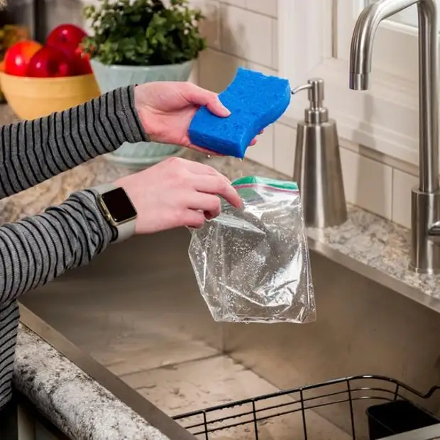 9 Lifehas con una esponja para lavar platos.