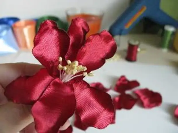 Elegant na mga bulaklak mula sa satin ribbons.